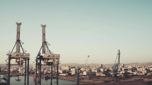 Terminal Dock Cranes Transport Freight Containers in Modern City Sea Port Harbor