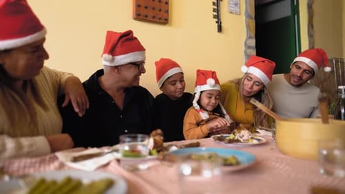 Smiling Family Enjoying Christmas Meal Together at Home