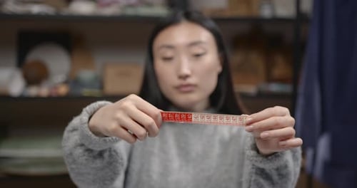 Woman with Measuring Tape Work in Workshop