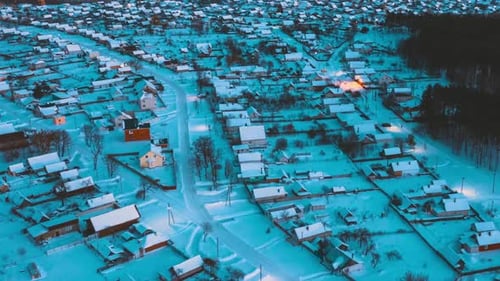 Night Aerial View Of Town Village Cityscape Skyline In Winter Evening Night