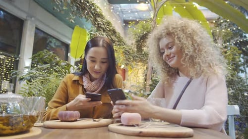 Two Young Women Using Smartphones and Speaking in Cafe