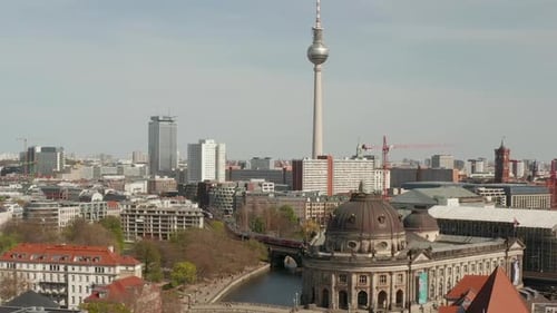 AERIAL: Wide View of Empty Berlin with Spree River and Museums and View of Alexanderplatz TV Tower