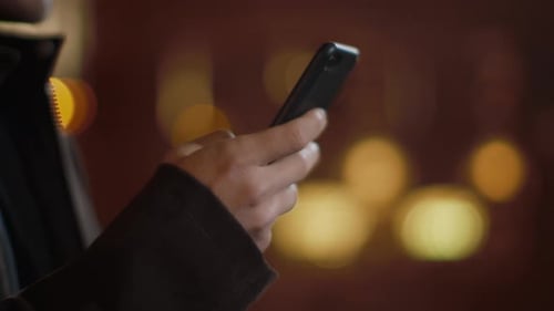 Man Hands Texting on Phone on Street, Unrecognizable Guy Writing Message Phone