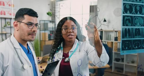 Two Medical Researchers which Analyzing Chemical Formula on Glass Wall in Lab