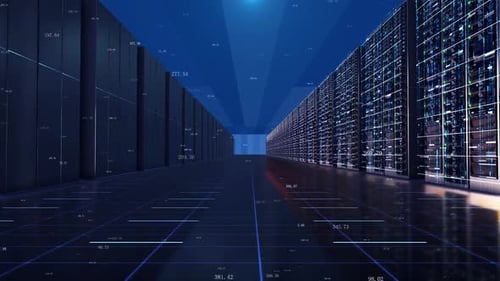 Animated Data Center Corridor with Digital Server Racks and Numbers