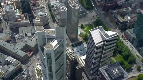 AERIAL: Breathtaking Rising View of Frankfurt Am Main, Germany Skyline, Sunny with Overcast