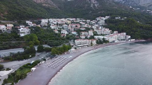 Coastal Town and Beach From Above, Drone Shot