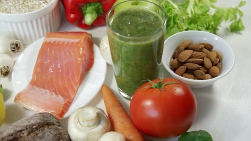 Healthy Food Still Life with Raw Salmon and Veggies