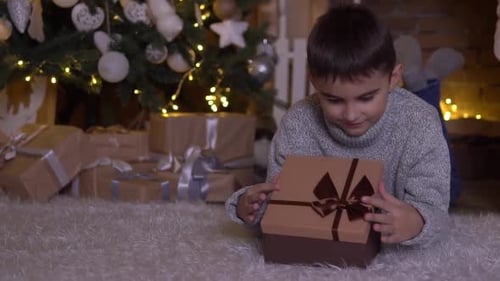 Excited Boy Opens Christmas Present Under Tree