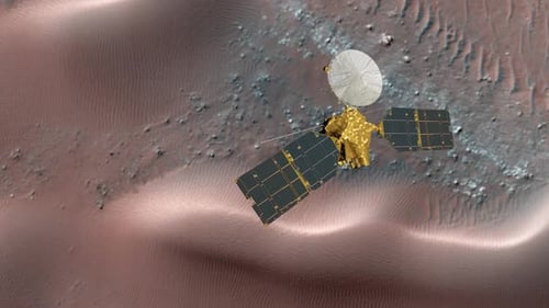 Mars Reconnaissance Orbiter, MRO Orbiting Mars. Mars Planet Rotating in the Outer space.Traveling To