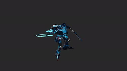 The robot acts in a Grab And Slam style and wields a double sword