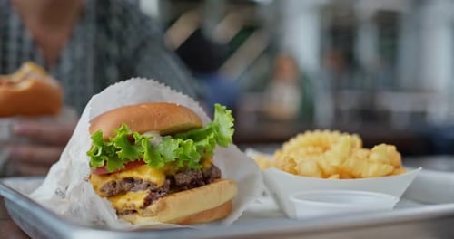 Close Up of Burger and Fries on Tray