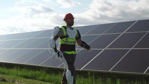 Male Engineer in Exoskeleton Walking on Solar Plant