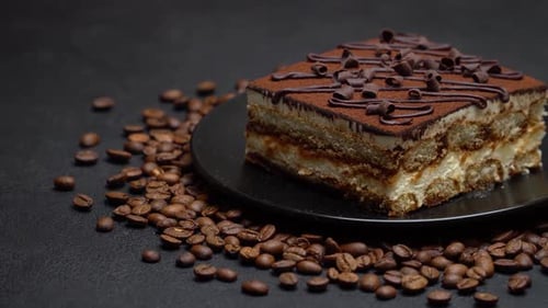 Close-Up of Tiramisu Dessert with Coffee Beans