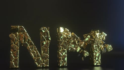 Breaking NFT of NonFungible Token Text Made of Gold Nuggets