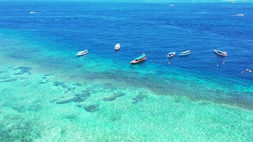 Natural flying island view of a summer white paradise sand beach and aqua blue water background in v