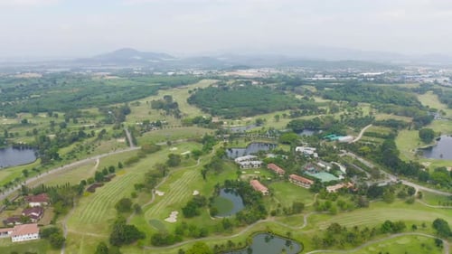 Aerial view of Golf Course Club and hotel resort. Green natural garden park