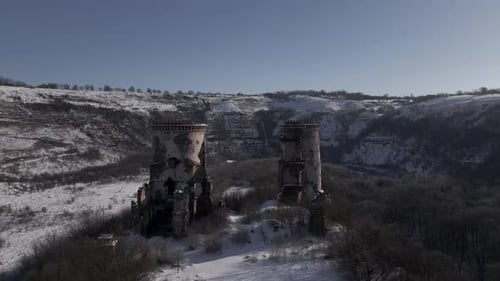 Ruins of Medieval Castle with Two Towers Aerial Drone View