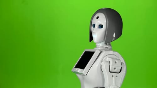 Robot Looks Eyes. Green Screen . Side View