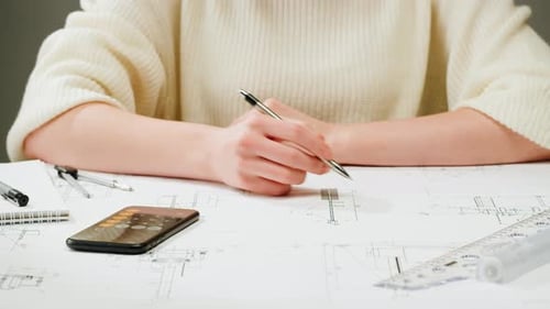 Architect Designer Counting on a Calculator Drawing Plan Blueprint Closeup