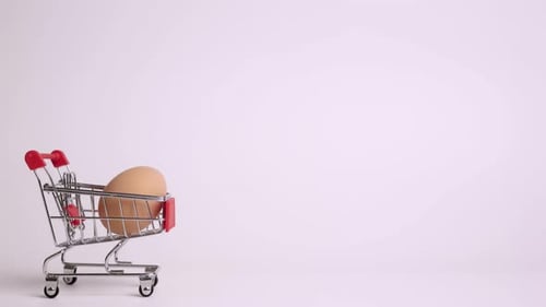Egg in Toy Supermarket Trolley. Stop Motion Animation. Grocery Shopping Concept.