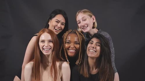 Portrait of Five Smiling Laughing Beautiful Women in Bodysuit Standing Together