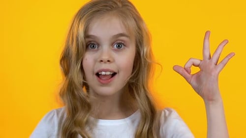 Cheerful Girl Winking Showing Ok Sign, Happy With Goods for Children, Close-Up