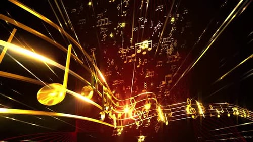 Golden Music Notes and Staff Animation with Light Rays Loop