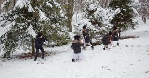 Des
enfants heureux jouant aux boules de neige dans un parc enneigé. Jeux d'hiver amusants dans la rue. Mode de vie sain