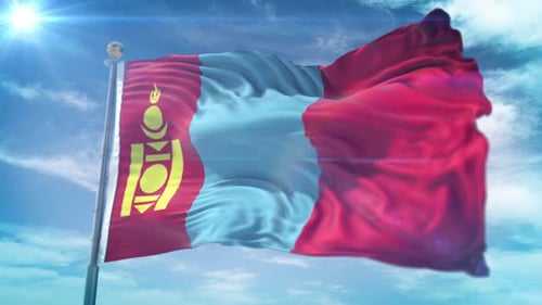 Waving Mongolian Flag in Bright Sky with Sun Flare