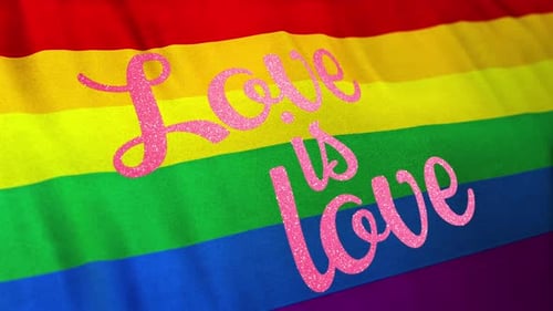 Glittery Love is Love Text on Waving Rainbow Flag