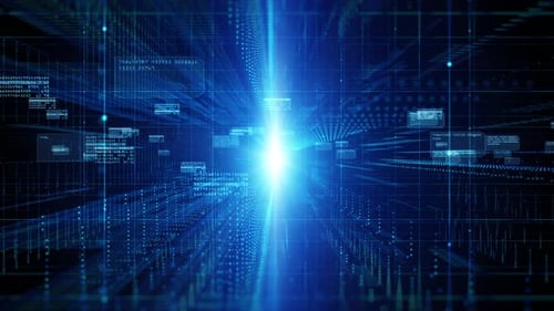 Futuristic Blue Digital Tunnel with Flowing Data and Light