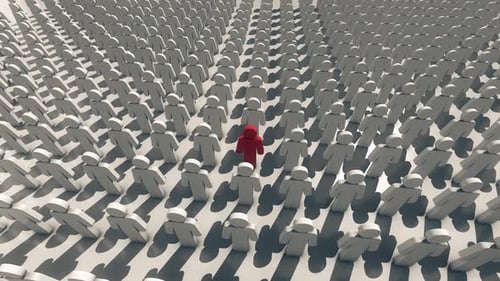 Unique Red Person Standing Out From Monochromatic Crowd