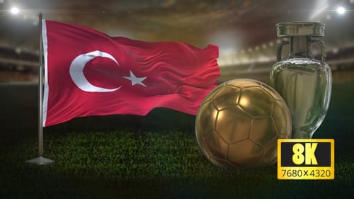 Waving Turkey Flag with Golden Soccer Ball and Championship Trophy