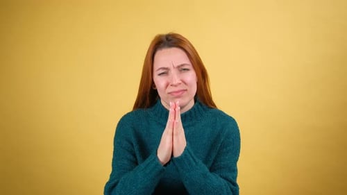 Young Red Hair Woman Posing Isolated on Yellow Color Background Studio