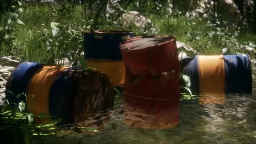 Rusty Barrels in Green Forest