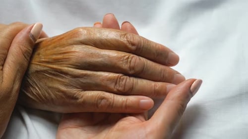 Frau hält und streichelt sanft die Hand ihrer Mutter und zeigt Fürsorge oder Liebe. Tochter tröstend
