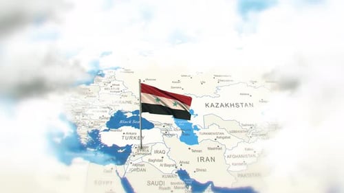 Animated Syrian Flag Waving Over World Map Background