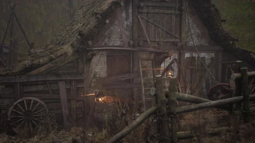 Old Rural Abandoned Wooden Village Under Cloudy Sky in Autumn Season