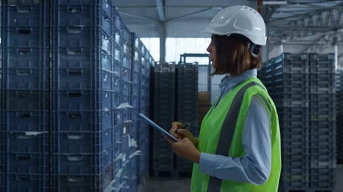 Female Warehouse Worker Checking Shipment Boxes Inspecting Delivery Package
