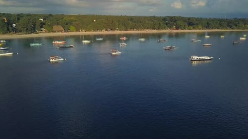 Tropical Island Aerial. Lombok, Gili. Beautiful Overview of the Boats on Water Near Coastal Line