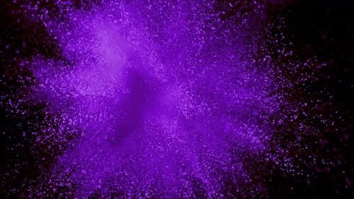 Lila Pulver explodiert auf schwarzem Hintergrund in Superzeitlupe, aufgenommen mit Phantom Flex 4K