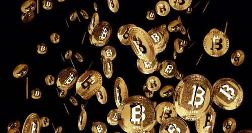 Bitcoin BTC Kryptowährung Goldene Münze Regen isolierte Schleife