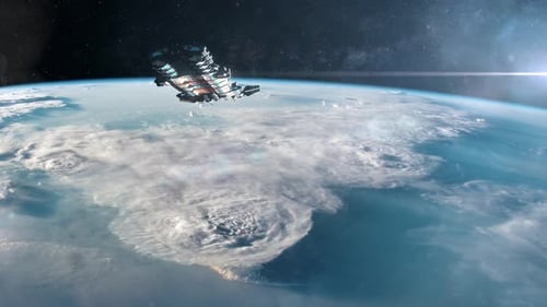 Futuristic Spaceship Flying Over Earth from Space