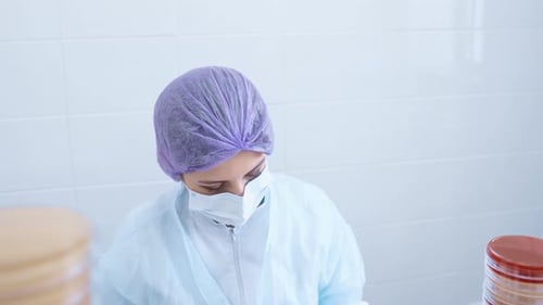 Scientist or Worker in a Bacteriological Laboratory Makes Tests and Analyzes Against the Background