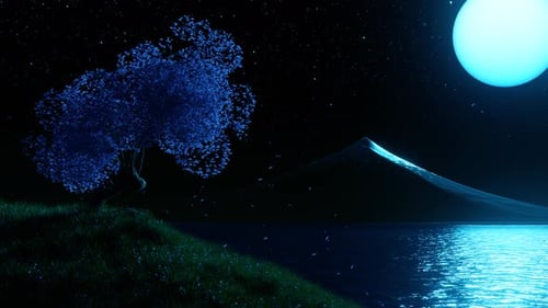 Tree in the Night Towers Over the Mountain and the Sea