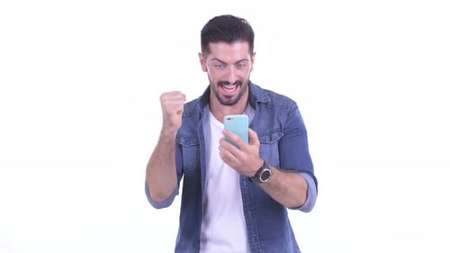 Man Celebrates Phone Success on White Background