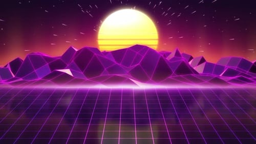 Retro Futuristic Landscape with Neon Grid and Mountains