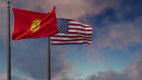 Kyrgyzstan and United States Flags Waving Against Cloudy Sky