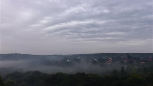 Foggy Day over Suburban Homes and Forest